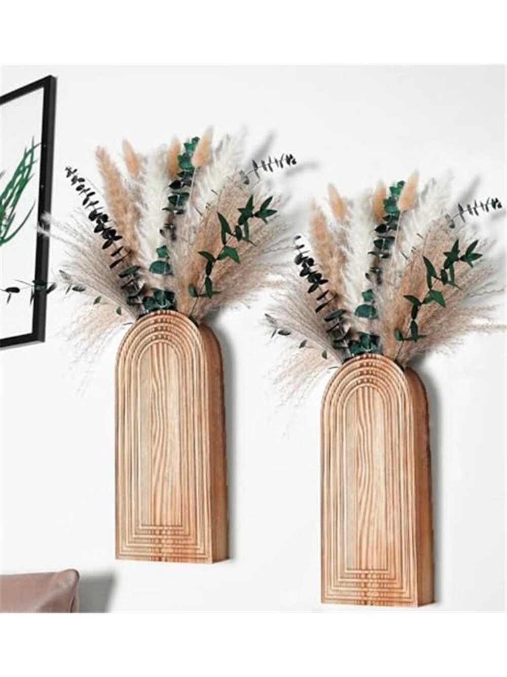 Boho Wooden Wall Vases Set Pampas Grass Eucalyptus Farmhouse Home Decor Gift